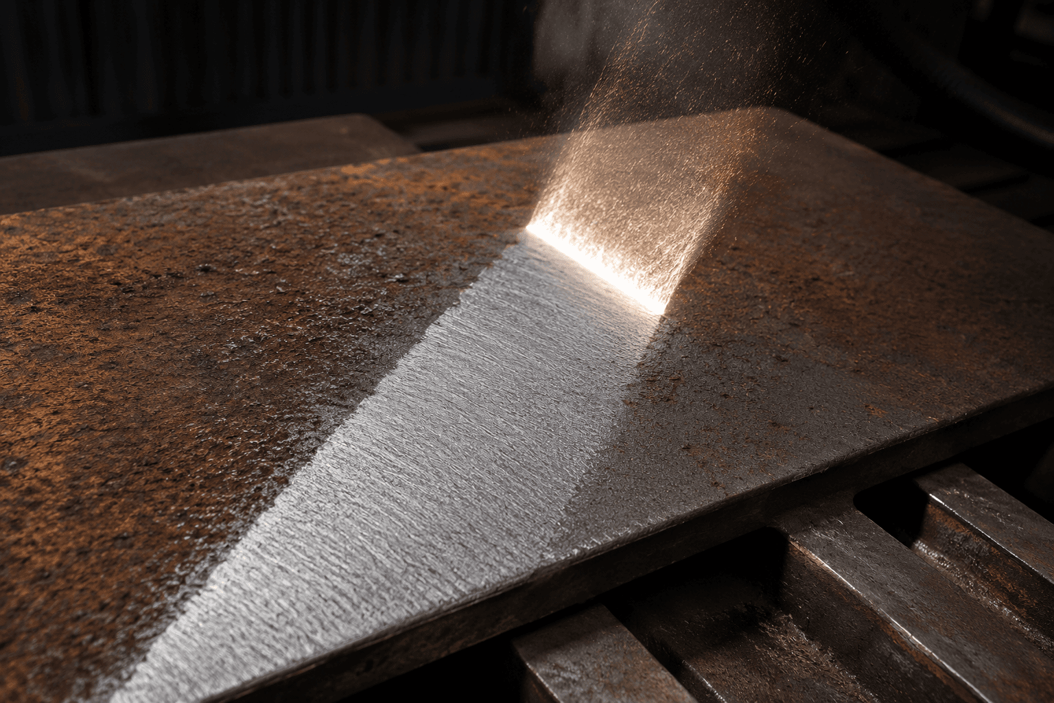 Laser cleaning a rusted steel surface